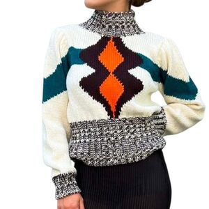 Mandinga Prisma Sweater Wool Size Medium Ribbed Puff Sleeve Cropped